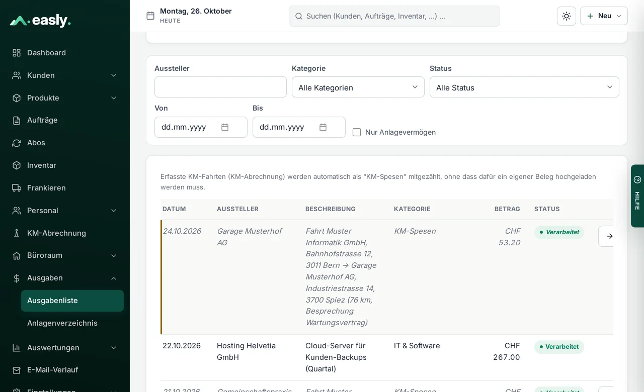 Ausgabenliste mit automatisch ausgelesenen Belegen, Kategorien, Beträgen und Status